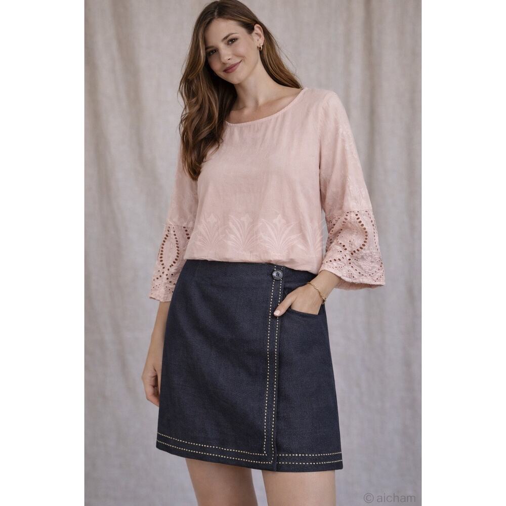 Brooks Brothers Navy Wrap Skirt Linen Blend Contrast Stitch  Sz14 Preppy Classic